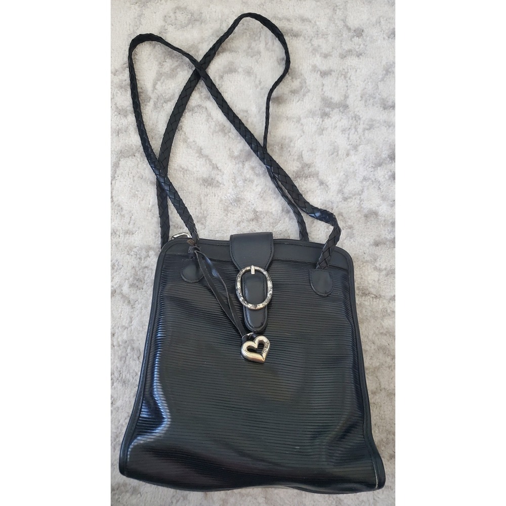 Brighton Black Leather Ribbed Shoulder Bag Braided Straps Heart Charm Vintage
